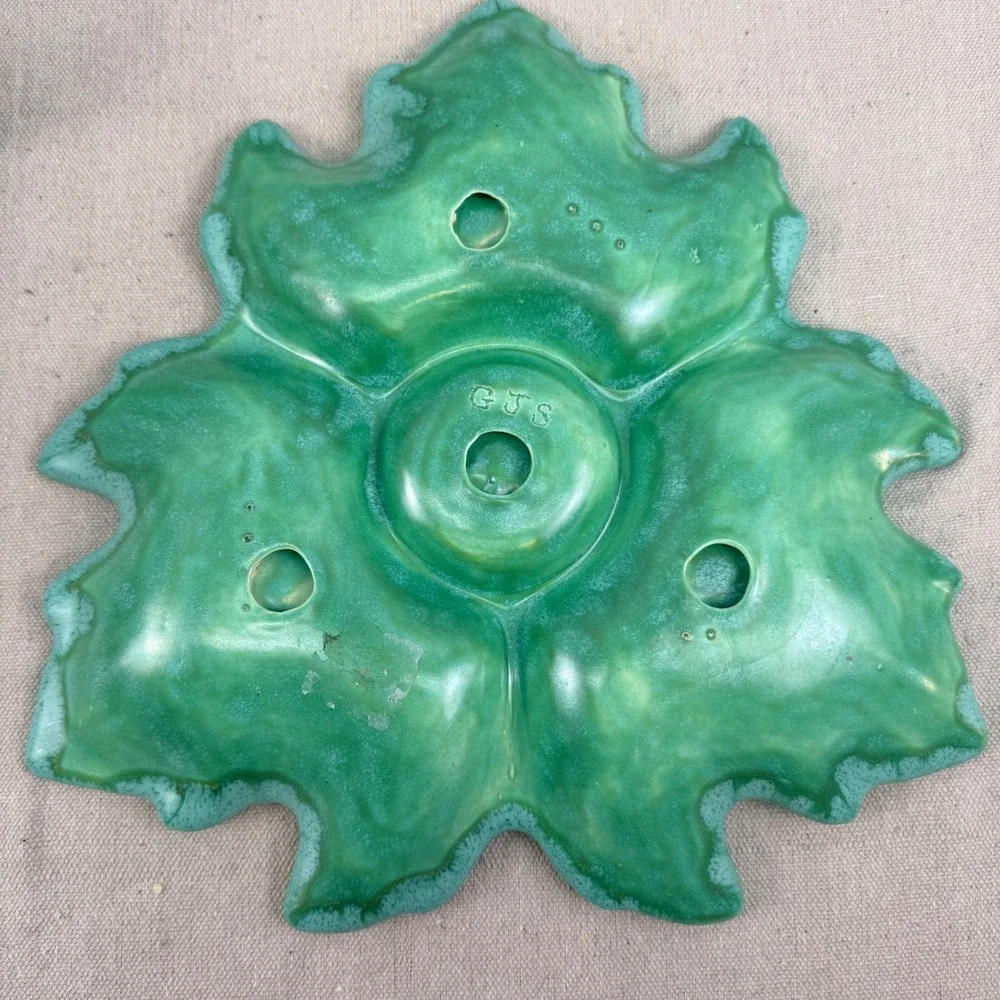 Vintage Green Leaf Chip and Dip‎ Set Signed GJS Studio Pottery Mid Century Style